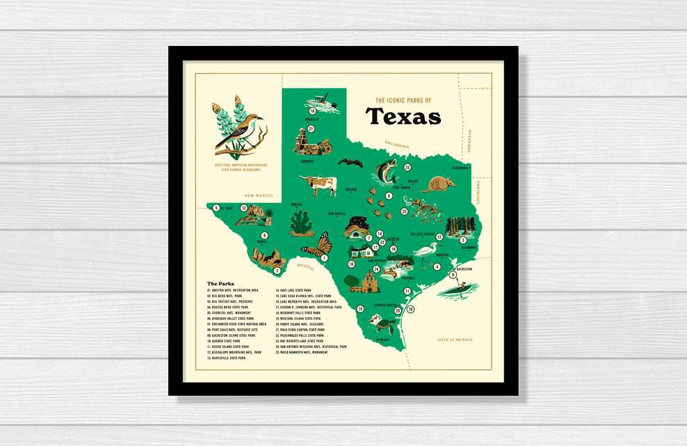 Iconic Parks of Texas Map Poster